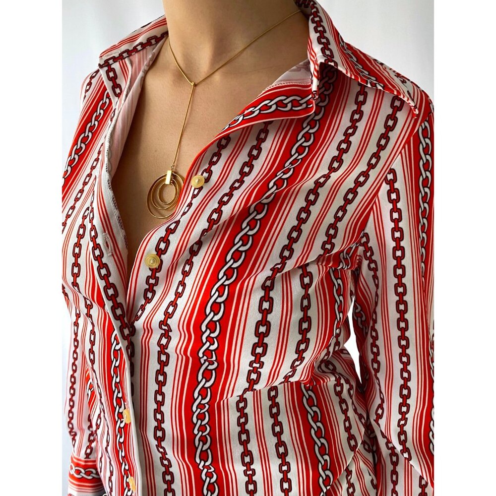 70s vintage red chain striped novelty print collared button up blouse shirt - Picture 7 of 9